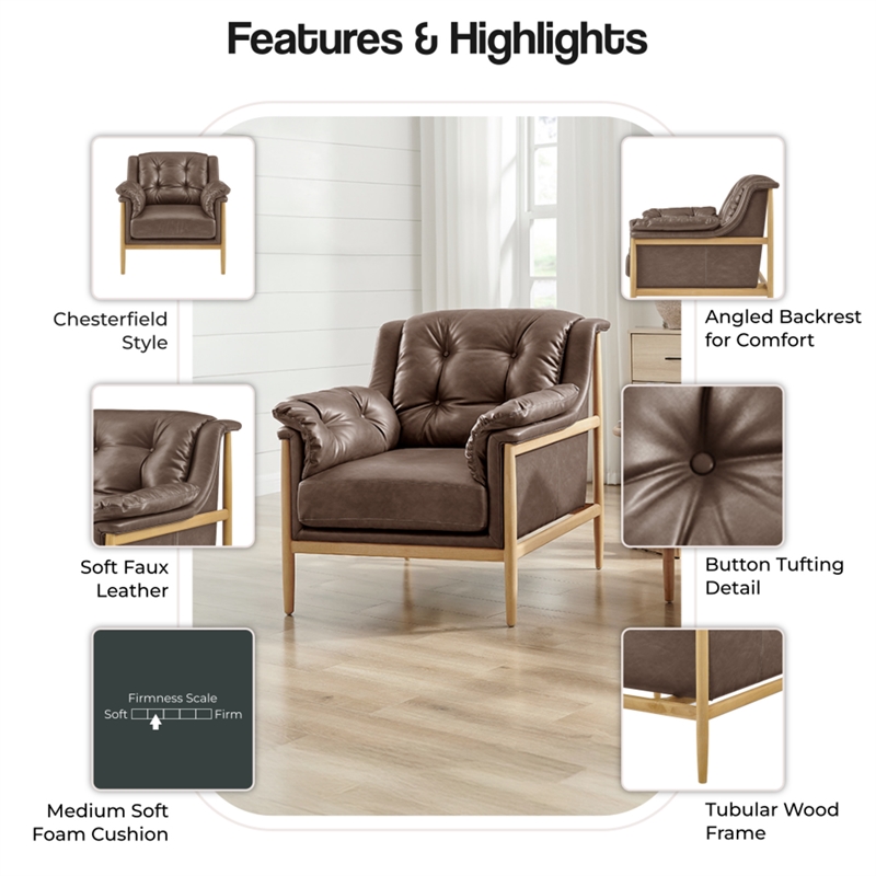 NPD Furniture Larry Faux Leather Tufted Accent Arm Chair in Casa Brown