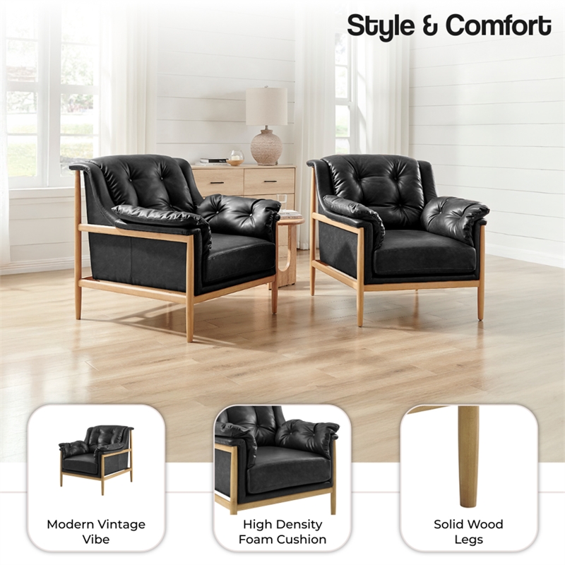 NPD Furniture Larry Faux Leather Tufted Accent Arm Chair in Casa Black