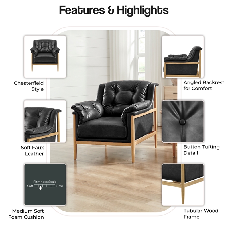 NPD Furniture Larry Faux Leather Tufted Accent Arm Chair in Casa Black