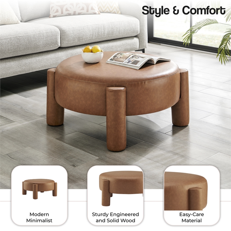 NPD Furniture Elora Faux Leather Round Ottoman in Vintage Cider