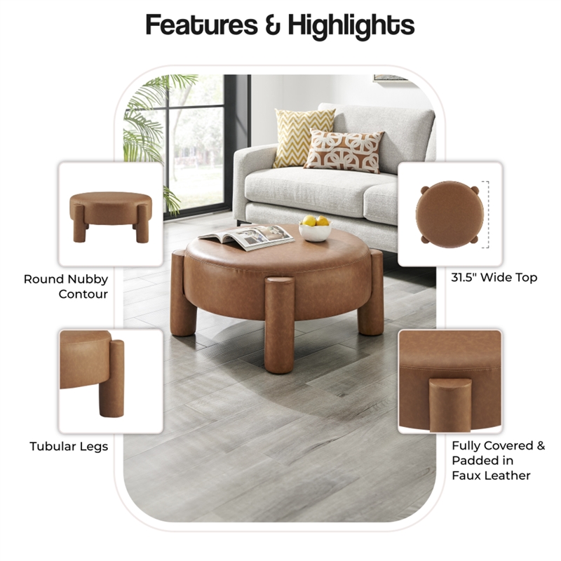 NPD Furniture Elora Faux Leather Round Ottoman in Vintage Cider