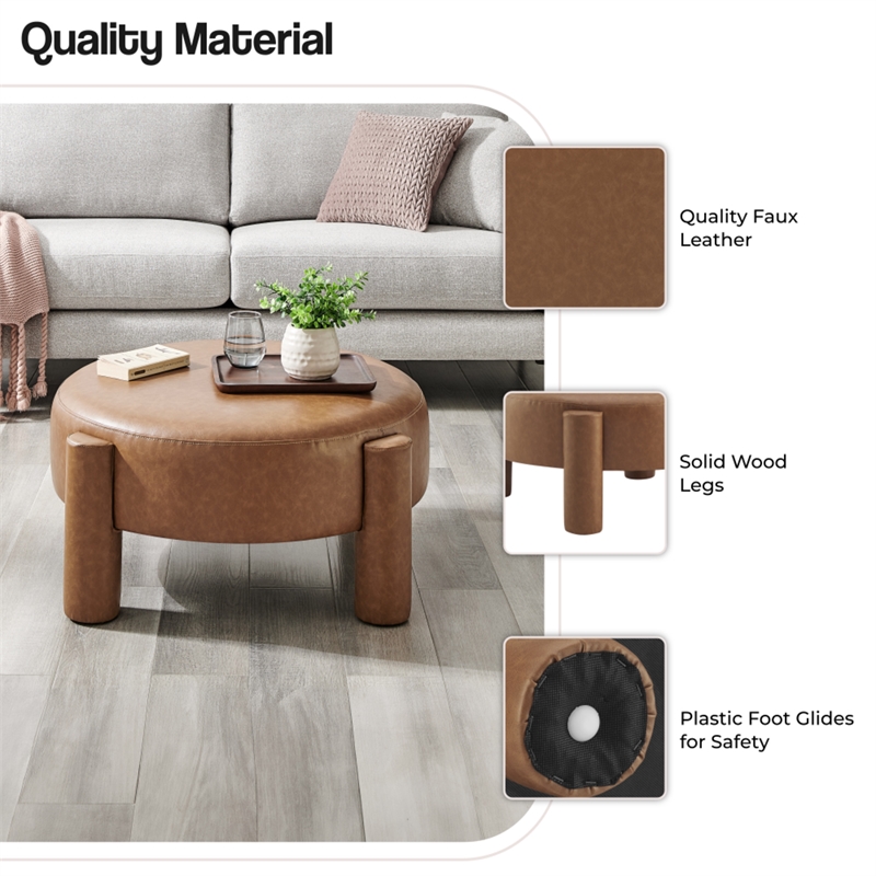 NPD Furniture Elora Faux Leather Round Ottoman in Vintage Cider