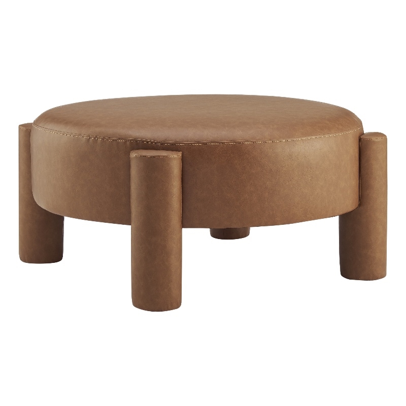 NPD Furniture Elora Faux Leather Round Ottoman in Vintage Cider