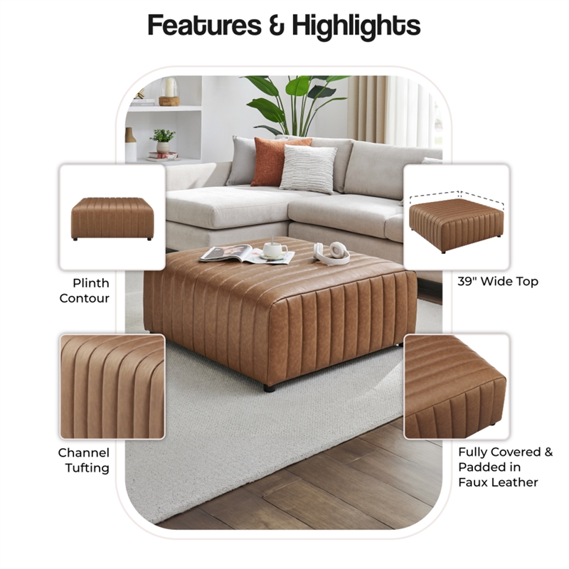 NPD Furniture Harland Faux Leather Square Coffee Table/Ottoman in Brown
