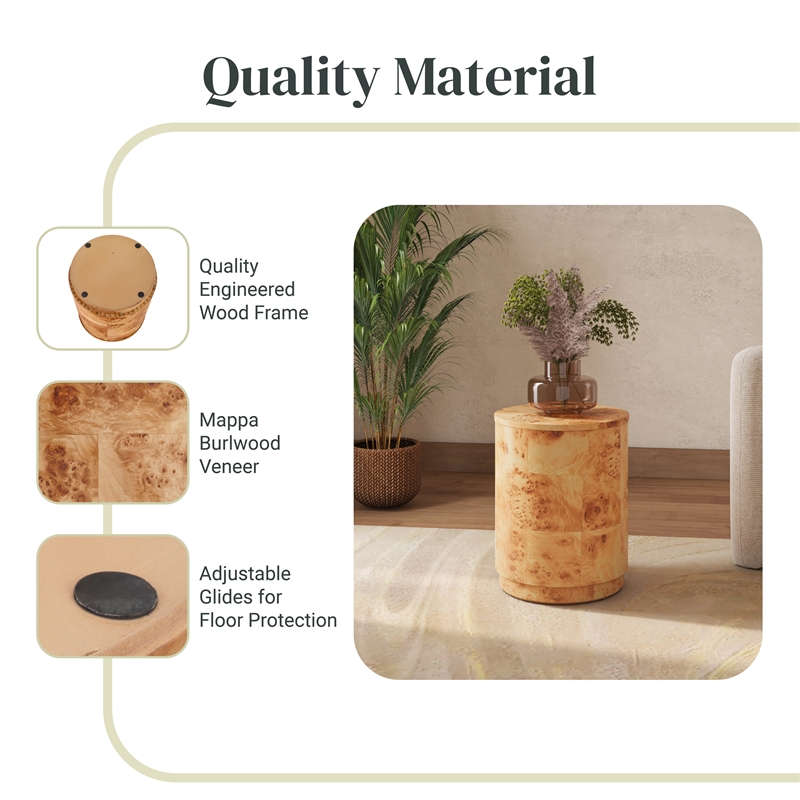 NPD Furniture Arsenio Burl Wood Round Side/End Table in Natural Burl