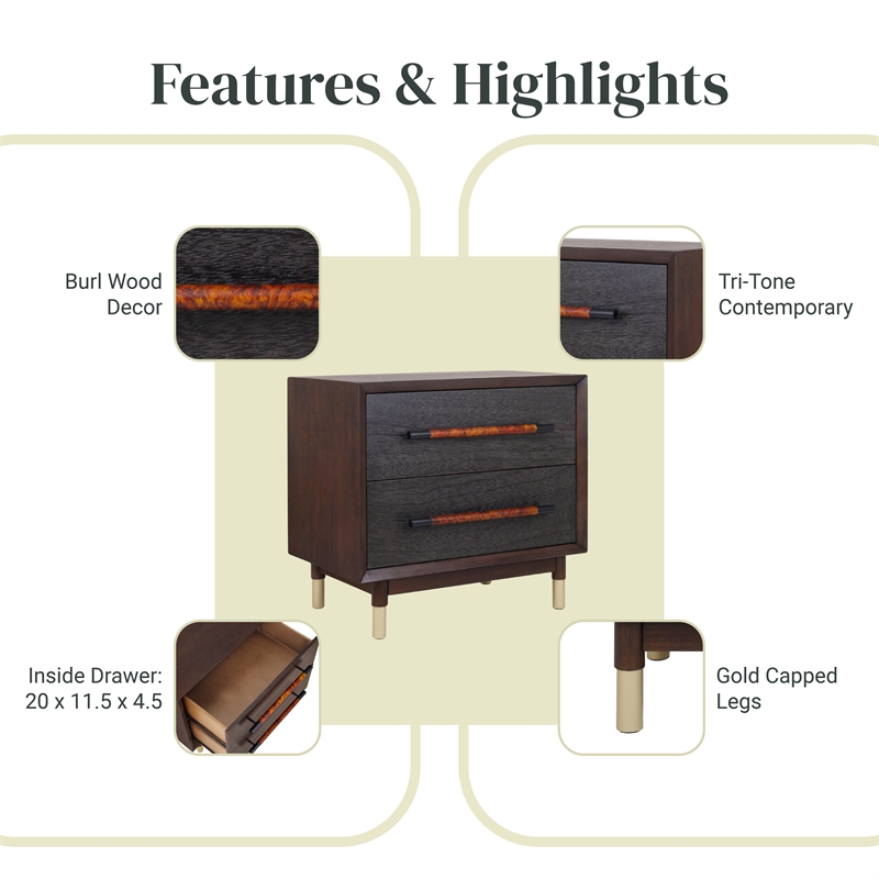 NPD Furniture Callan Nightstand/Side Table 2 Drawers in Dark Walnut