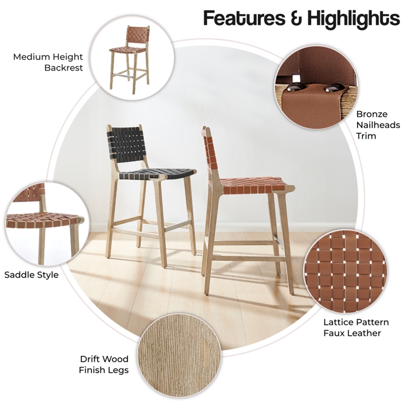 NPD Furniture Marco Faux Leather Counter Stool Drift Wood Frame in Brown