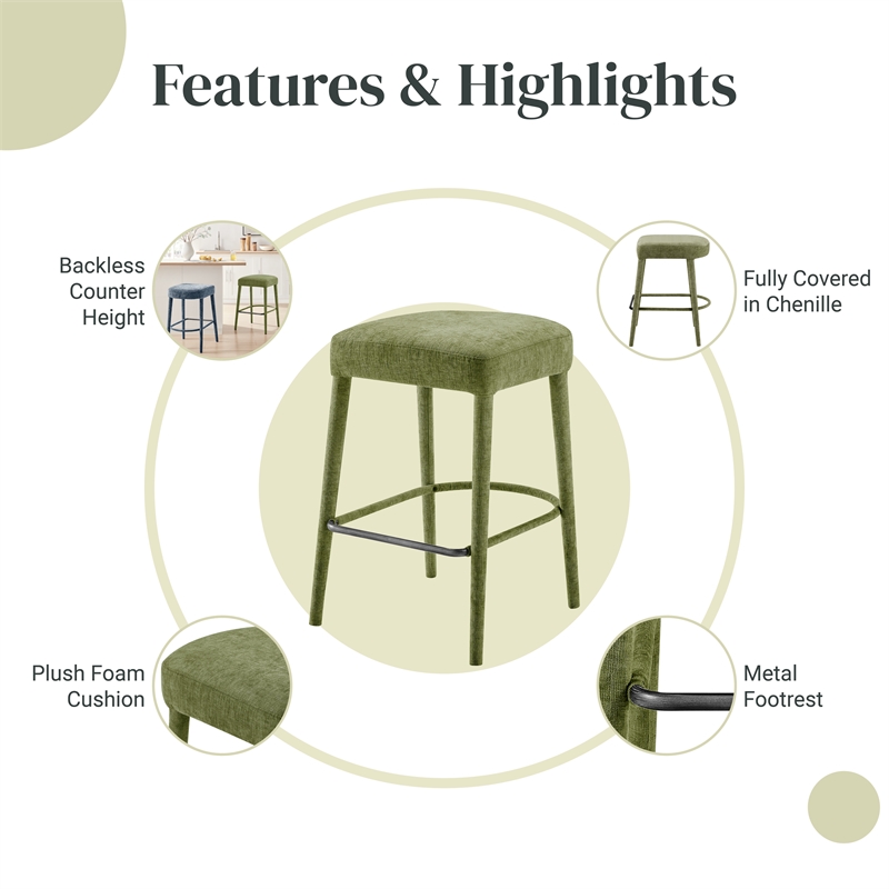 NPD Furniture Rylee KD Chenille Backless Counter Stool in Green (Set of 2)