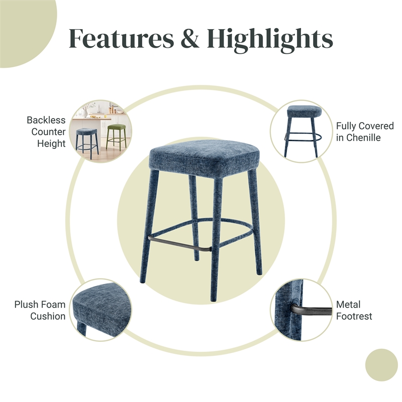 NPD Furniture Rylee KD Chenille Backless Counter Stool in Blue (Set of 2)