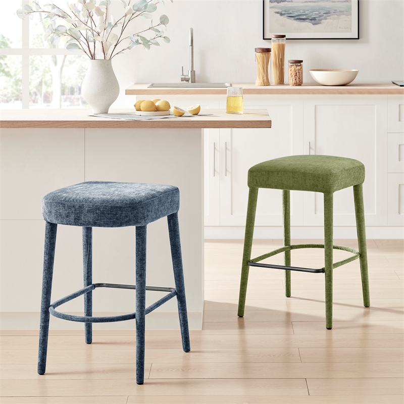 NPD Furniture Rylee KD Chenille Backless Counter Stool in Blue (Set of 2)