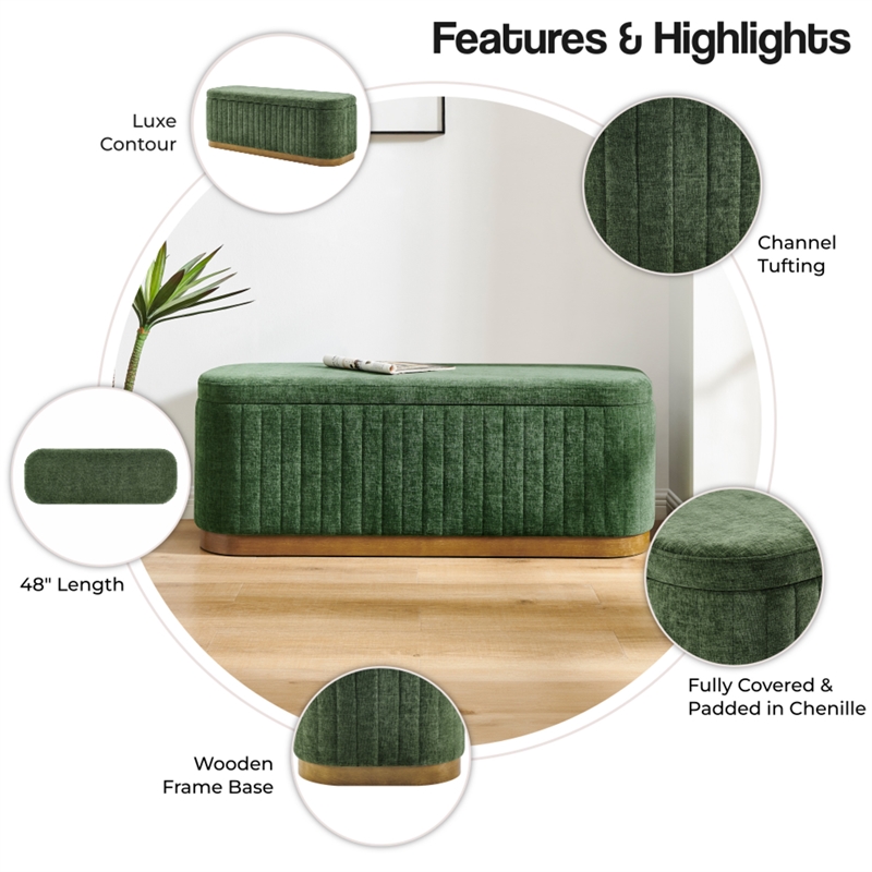 NPD Furniture Clinton Chenille Storage Bench in Seneca Green