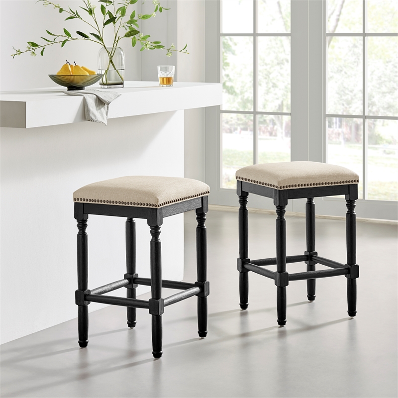 NPD Furniture Ernie KD Linen Counter Stool Black Wood Legs (Set of 2)