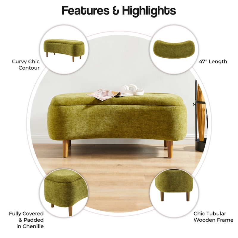 NPD Furniture Leony Chenille Storage Bench in Seneca Olive