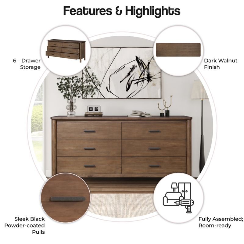 NPD Furniture Bloomfield Dresser 6 Drawers in Dark Walnut