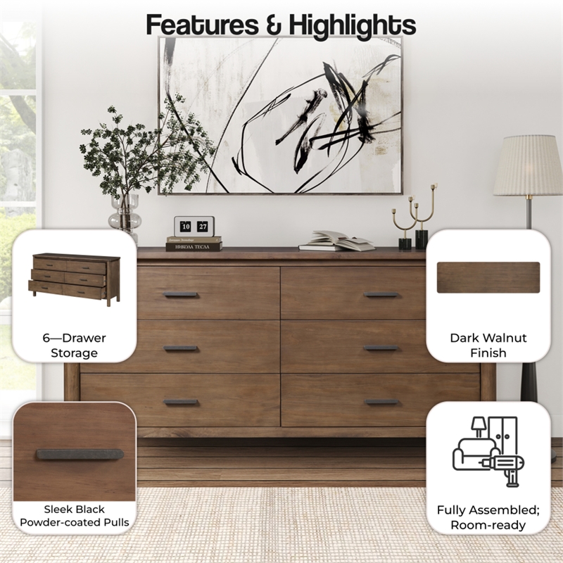 NPD Furniture Bloomfield Dresser 6 Drawers in Dark Walnut