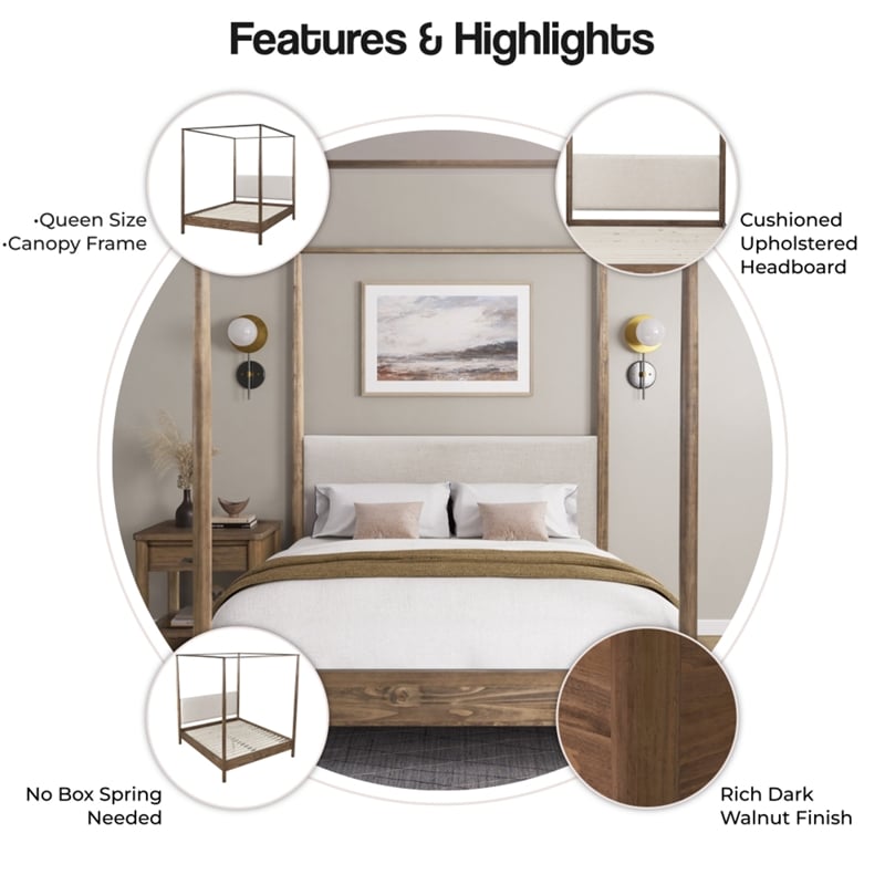 NPD Furniture Bloomfield KD Queen Canopy Bed Set in Dark Walnut