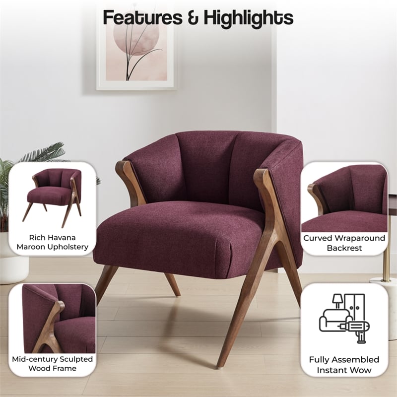 NPD Furniture Florence Fabric Accent Chair Brown Legs in Havana Maroon