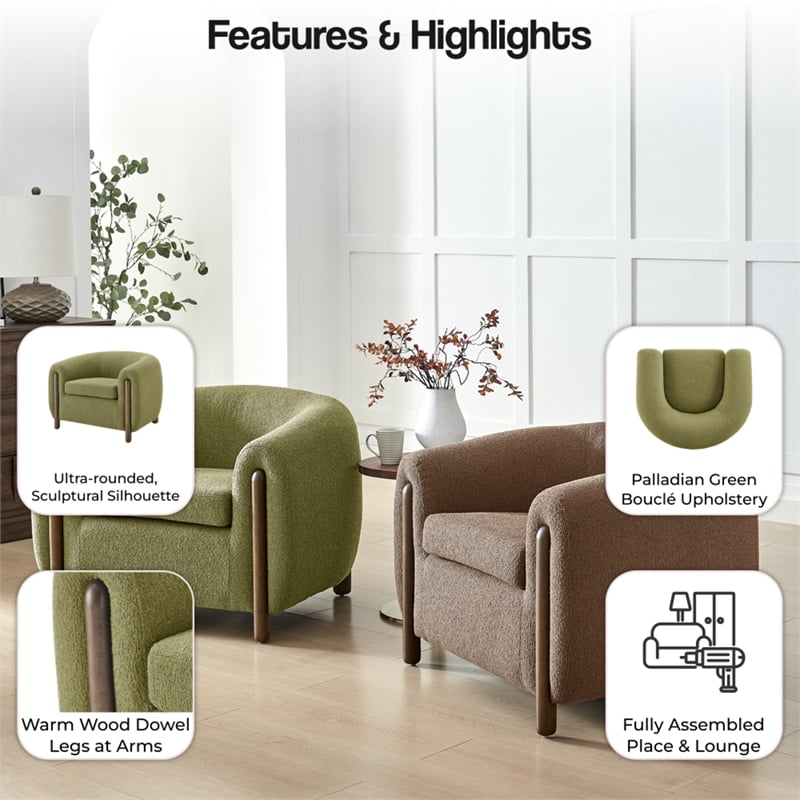 New Pacific Direct Cordelia Boucle Accent Arm Chair in Palladian Green