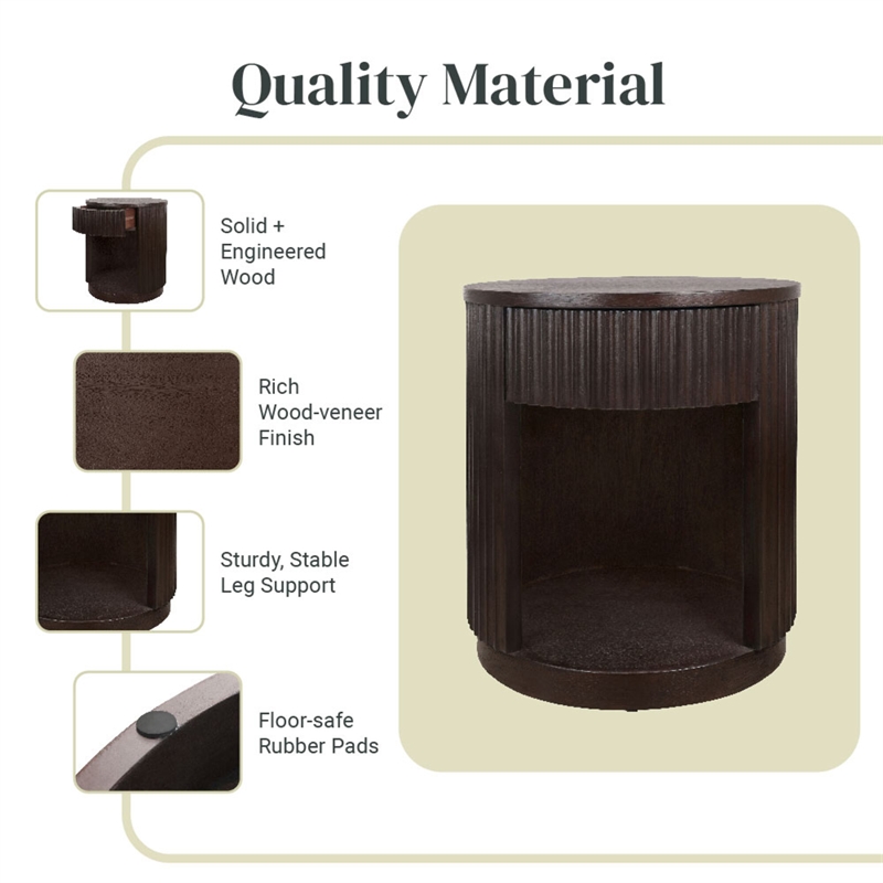 NPD Furniture Truro Round Nightstand/Side Table in Dark Brown