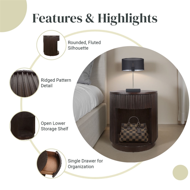 NPD Furniture Truro Round Nightstand/Side Table in Dark Brown