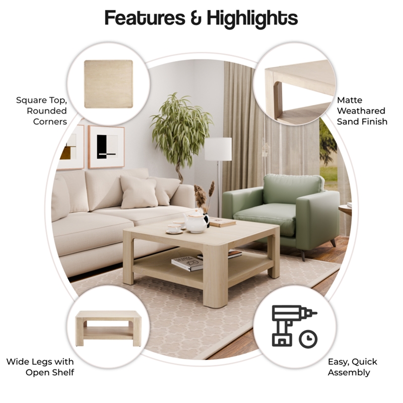 NPD Furniture Trevin KD Square Coffee Table with Open Shelf in Beige