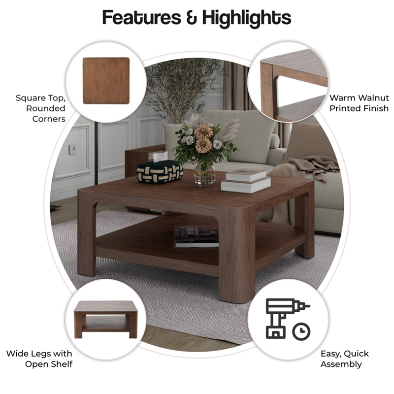 NPD Furniture Trevin KD Square Coffee Table with Open Shelf in Walnut