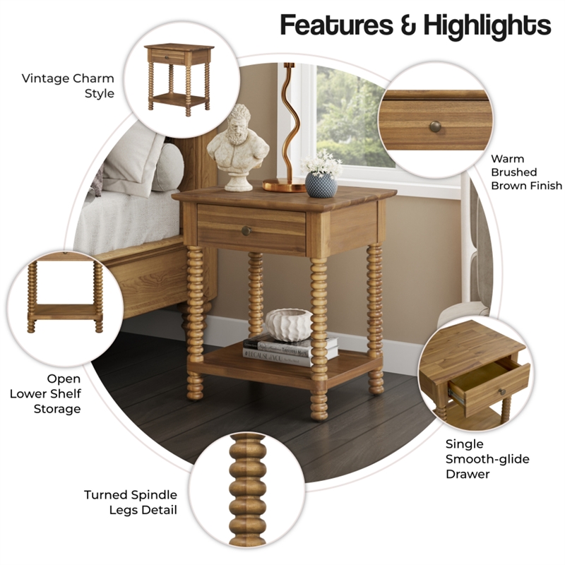 NPD Furniture Azella KD Nightstand/Side Table in Brushed Brown