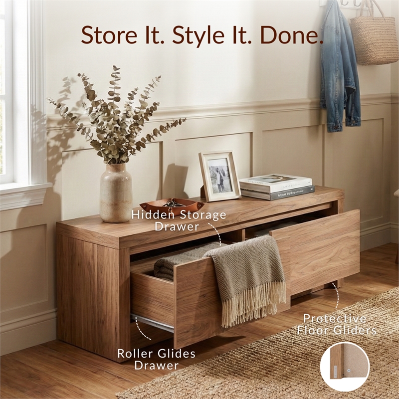NPD Furniture Larson Entryway Storage Bench in Terra Oak