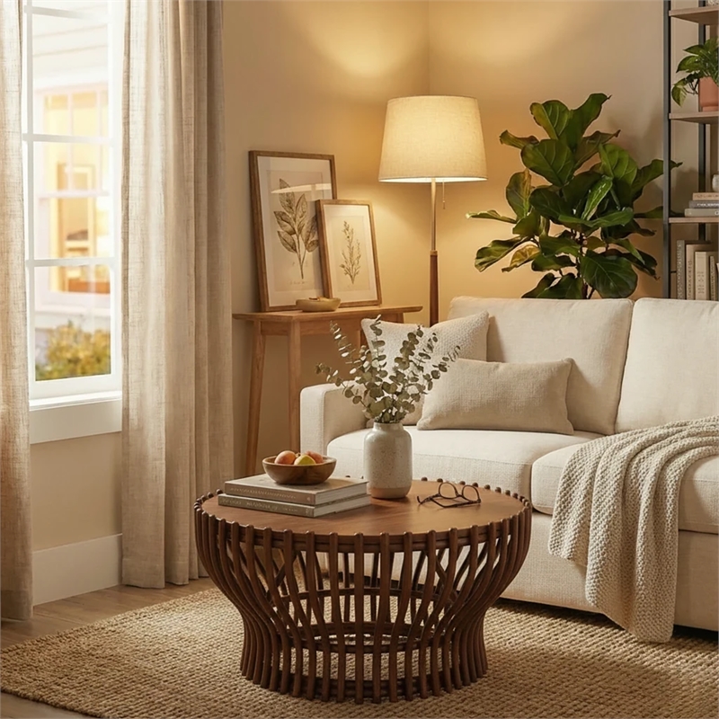 NPD Furniture Sona Rattan Coffee Table w/ Wood Top in Cane Brown