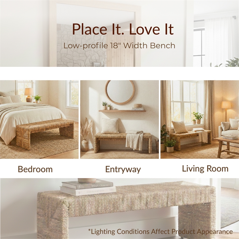NPD Furniture Kanza Abaca Bench in Natural Banana Leaf & Solid Mahogany Wood