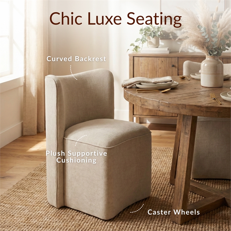 NPD Furniture Morraine Chenille Dining Side Chair w/ Casters in Beige