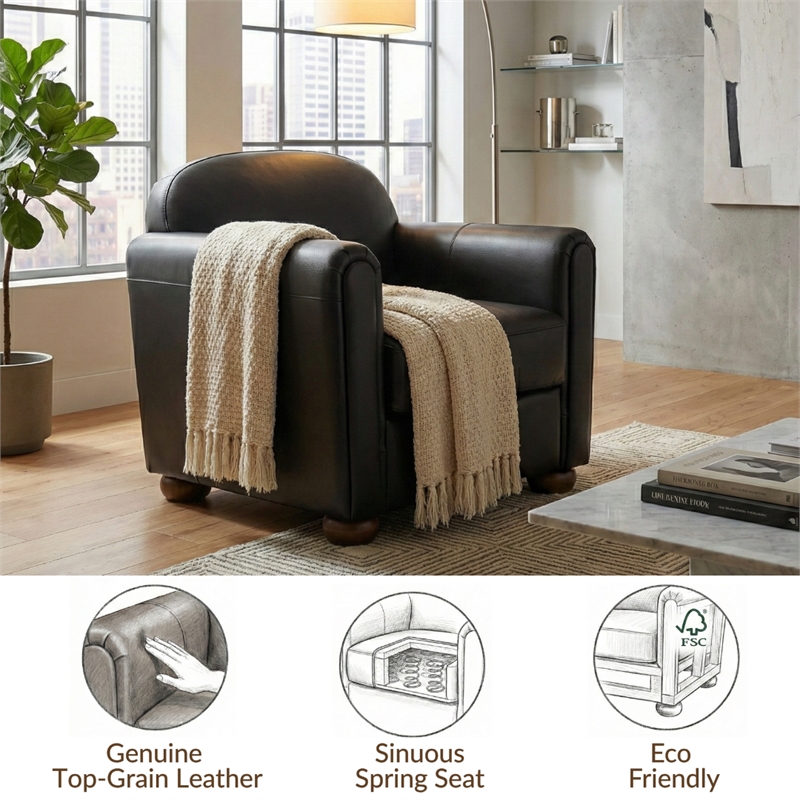 NPD Furniture Grandora Top Grain Leather Accent Arm Chair in Brown