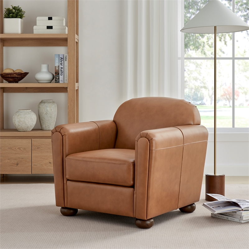 NPD Furniture Grandora Top Grain Leather Accent Arm Chair in Brown