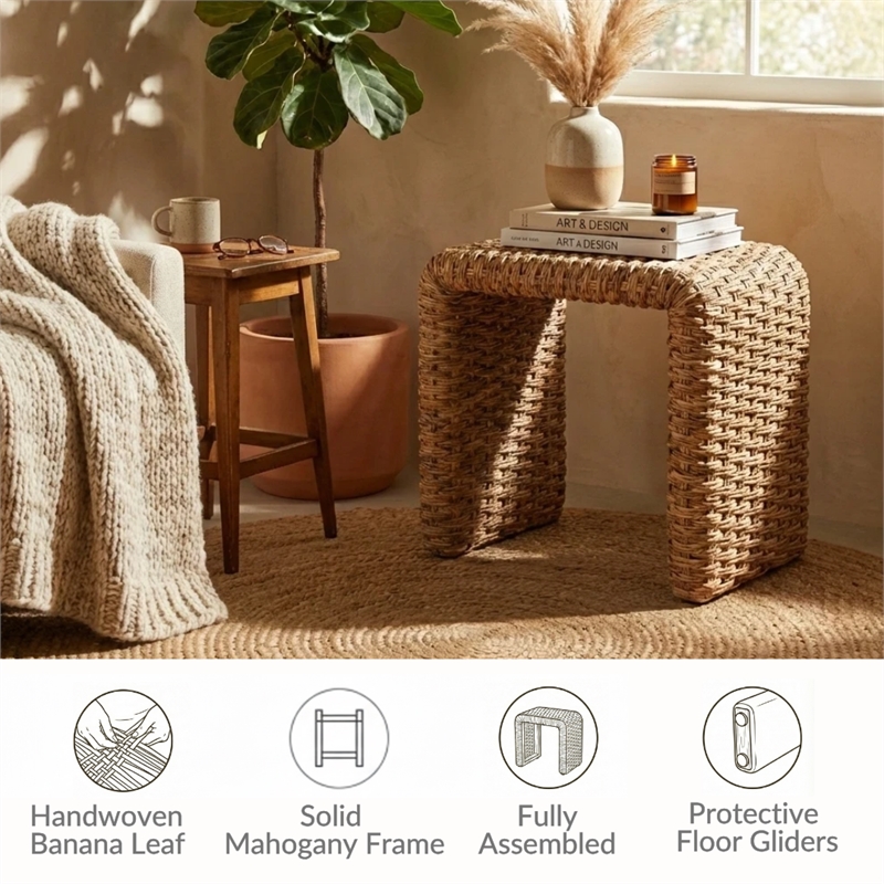 NPD Furniture Vaine Abaca Accent Table in Natural Banana Leaf & Solid Wood