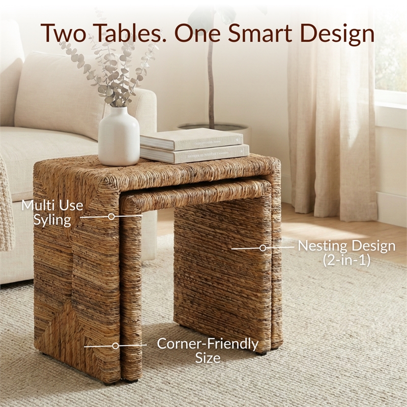 NPD Furniture Kanza Abaca Rectangular Nesting Side Table Set of2 in Natural