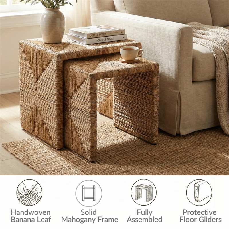 NPD Furniture Kanza Abaca Rectangular Nesting Side Table Set of2 in Natural