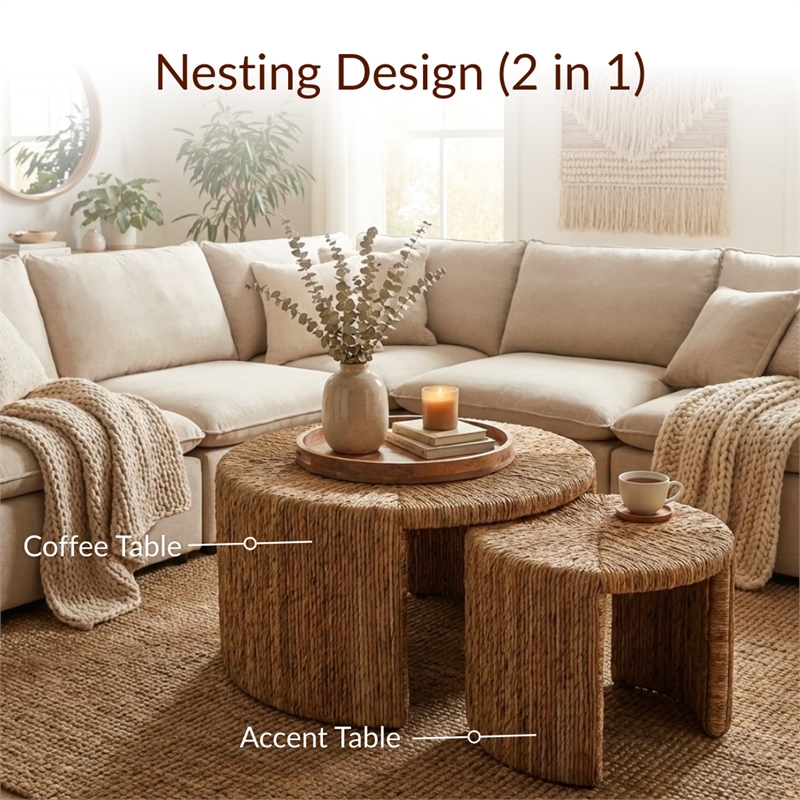NPD Furniture Kanza Abaca Round Nesting Coffee Table Set of 2 in Natural
