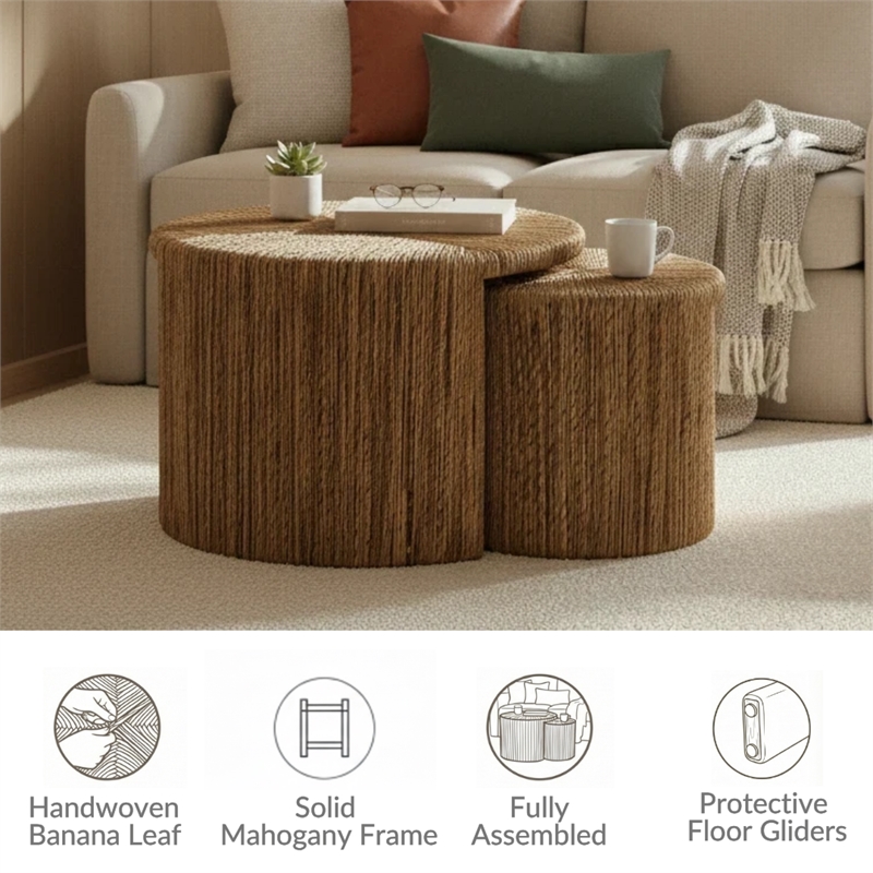 NPD Furniture Kanza Abaca Round Nesting Coffee Table Set of 2 in Natural
