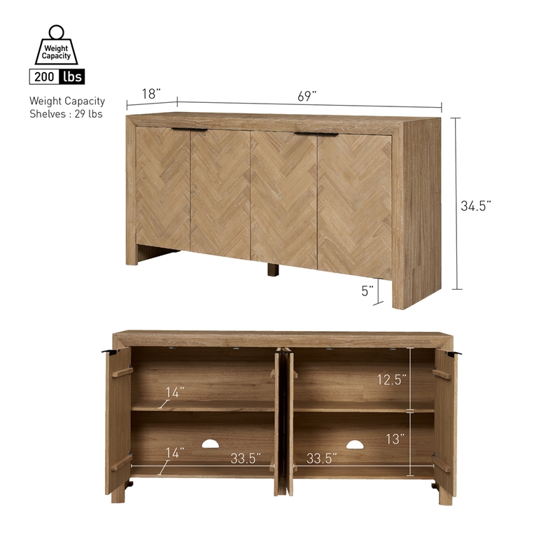 NPD Furniture - Kingston Herringbone 4-Door Sideboard - Light Natural Wood