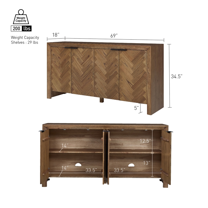 NPD Furniture - Kingston Herringbone 4-Door Sideboard - Hazelnut Brown Wood