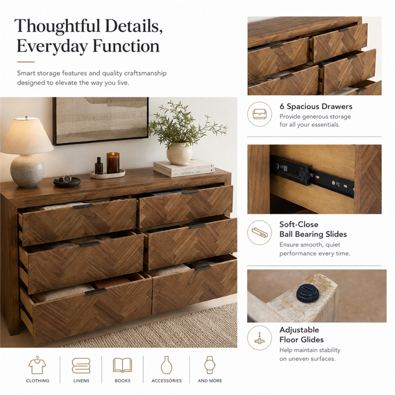 Kingston Herringbone 6-Drawer Dresser - Hazelnut Brown - Wood