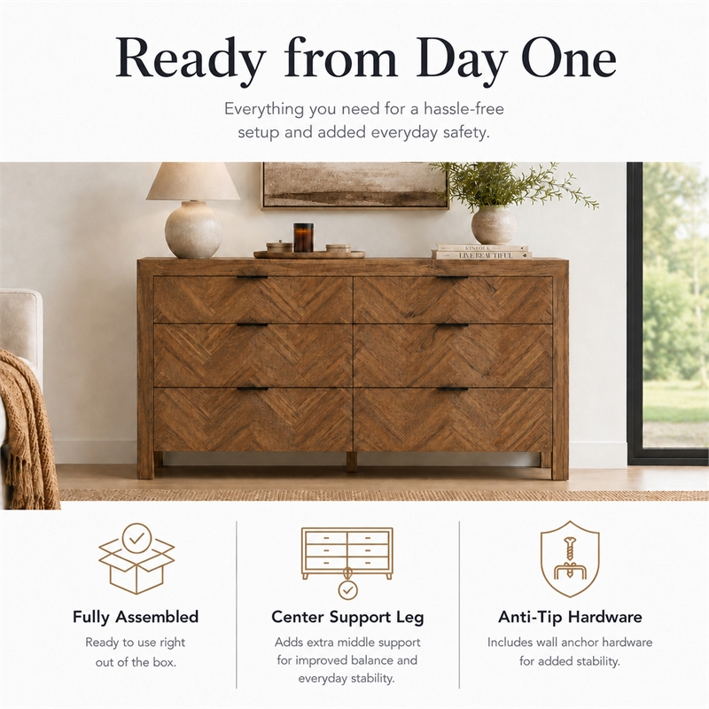 Kingston Herringbone 6-Drawer Dresser - Hazelnut Brown - Wood