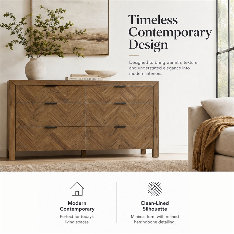Kingston Herringbone 6-Drawer Dresser - Hazelnut Brown - Wood