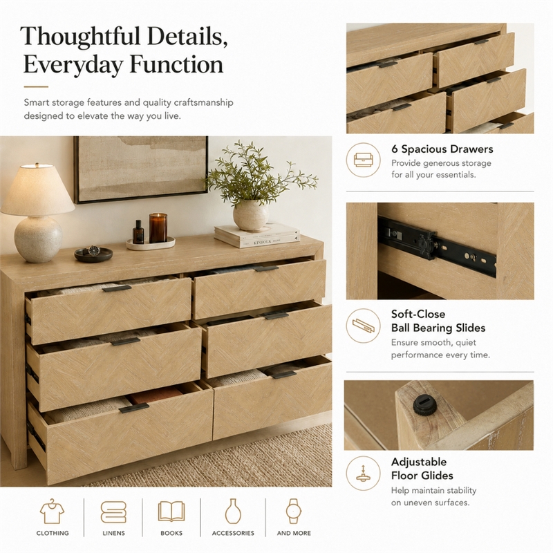 Kingston Herringbone 6-Drawer Dresser - Light Natural - Wood
