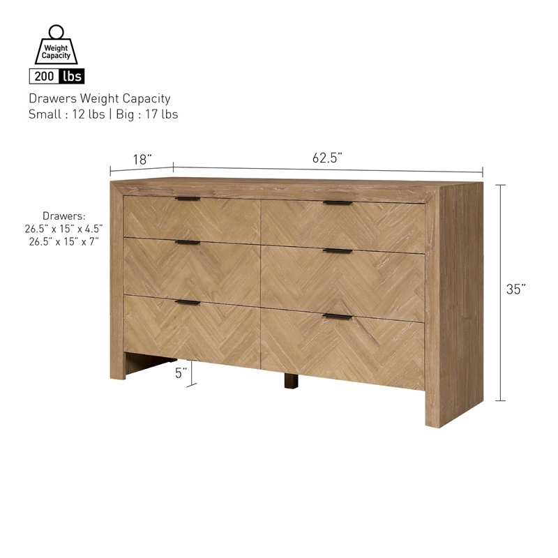 Kingston Herringbone 6-Drawer Dresser - Light Natural - Wood
