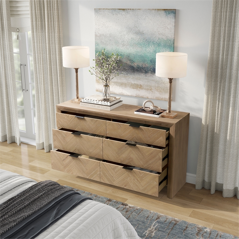 Kingston Herringbone 6-Drawer Dresser - Light Natural - Wood