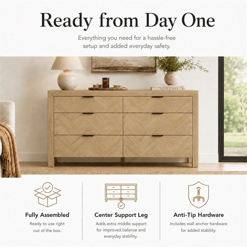 Kingston Herringbone 6-Drawer Dresser - Light Natural - Wood