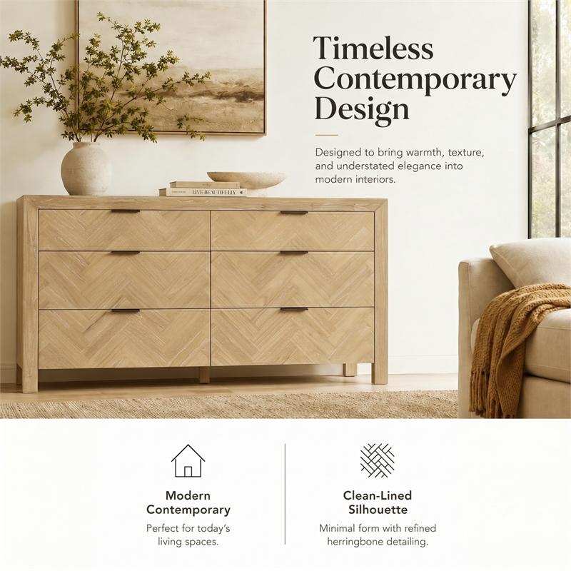 Kingston Herringbone 6-Drawer Dresser - Light Natural - Wood