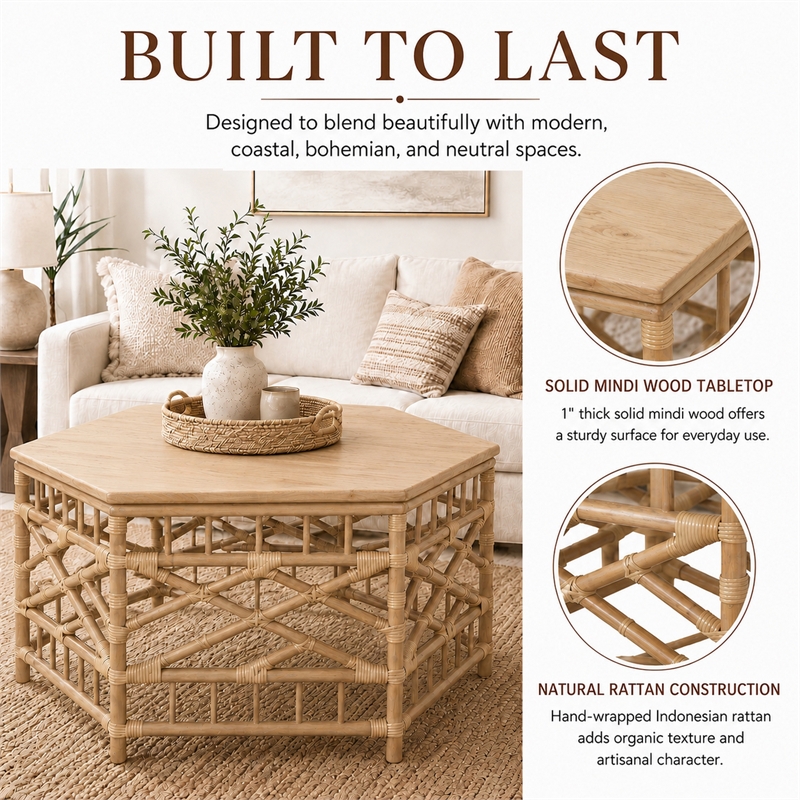 NPD Furniture - Kano Coffee Table - Natural Wheat Rattan Base - Coastal