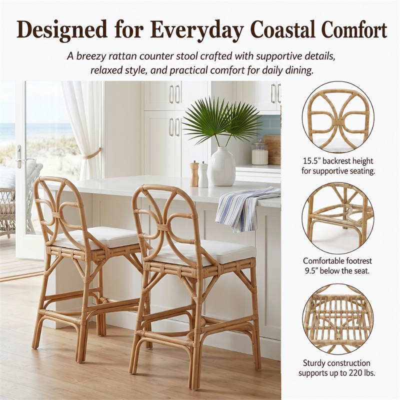 NPD Furniture - Eira Rattan Counter Stool - White - Natural Wheat Rattan